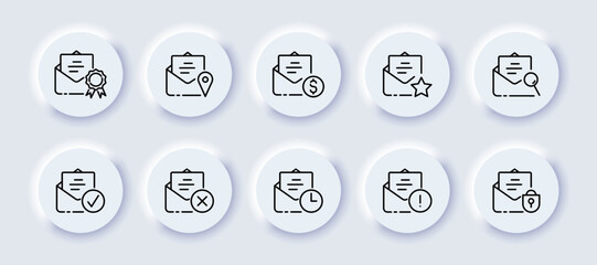 Emails with website buttons set icon. Medal, award, send location, dollar, star, magnifier, check mark, cross, download, exclamation point, lock. Business concept. Neomorphism style. Vector line icon