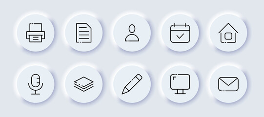 Working routine set icon. Printer, fax, print, document, employee, calendar, appointment, remote work, home, microphone, file manager, pencil, computer, email. Business concept. Neomorphism style