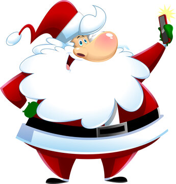 Happy Santa Claus Cartoon Character Taking Selfie With Smartphone. Hand Drawn Illustration Isolated On Transparent Background