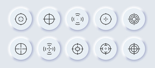Aims set icon. Business target, targeting, targetologist, shoot, plan, planning, aim, achieve goals, top, aspirations, strategy, audience. Business concept. Neomorphism style. Vector line icon