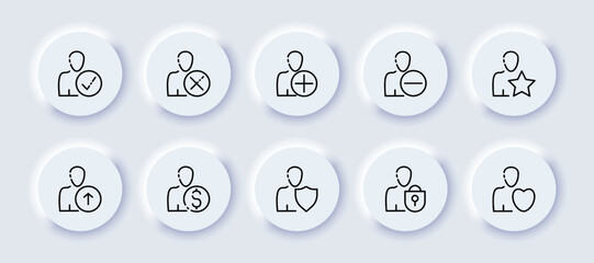 People with website buttons set icon. Check mark, cross, plus, minus, star, up arrow, dollar, shield lock, heart, approve, delete remove, actions, customer base. Business concept. Neomorphism