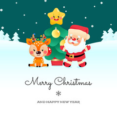 Merry Christmas card and Happy New Year. Winter holiday illustration of a Santa Claus, a little deer and a decorated fir tree on a background of a night winter landscape. Vector 10 EPS.