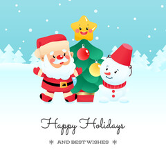 Happy Holidays and Best Wishes card template. Christmas illustration of a Santa Claus, a snowman and a decorated fir tree on a background of a winter landscape. Vector 10 EPS.