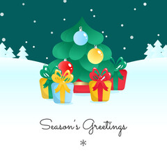 Season's Greetings card template. Winter holiday illustration of a fir tree with christmas decorations and gift boxes on a background of a night winter landscape. Vector 10 EPS.
