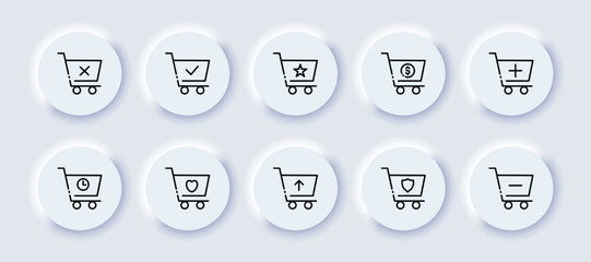 Shopping carts with website buttons set icon. Cross, tick, online shop, star, dollar, plus, minus, clock, waiting, heart, up arrow, shield, buy, purchase. Sale concept. Neomorphism. Vector line icon.