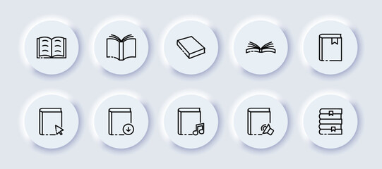 Books set icon. Paper, ebook, magazine, flipping, open, closed, bookmark, cursor, audiobook, upload, note, volume, stack. Knowledge concept. Neomorphism. Vector line icon for Business and Advertising