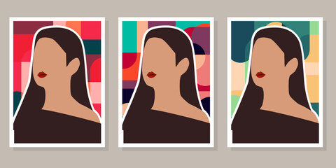 Set of silhouette abstract woman posters in boho style