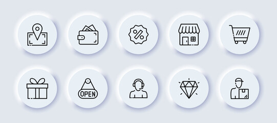 Shopping set icon. Location, pointer, shop, wallet, money, cart, gift, prize, open sign, consultant, operator, diamond, courier purchase. Sale concept. Neomorphism style. Vector line icon for Business