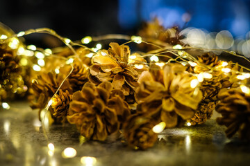 Christmas decorations and lights in a cozy home. Christmas spirit. Defocused