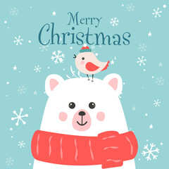 Merry christmas card with cute bear and bird