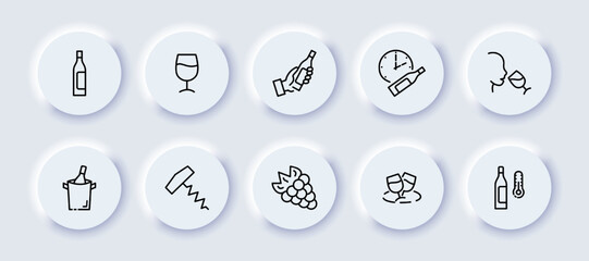 Wine set icon. Bottle, glass, champagne, grapes, clock, aging, corkscrew, thermometer, temperature, storage conditions, tasting, sommelier. Restaurant concept. Neomorphism style. Vector line icon