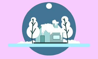 Winter illustration design, view of the house in winter, landscape illustration