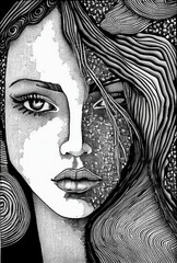 Vertical pen art of a mysterious woman's face illustration