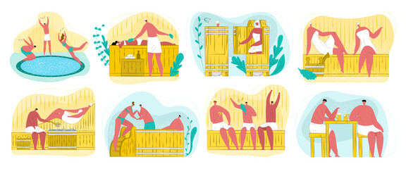 Sauna, spa and steam house for body wellness, relaxation, cleaning procedures set of flat vector illustrations. People enjoying hot steam.