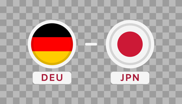 Germany vs Japan Match Design Element. Flags Icons isolated on transparent background. Football Championship Competition Infographics. Announcement, Game Score, Scoreboard Template. Vector