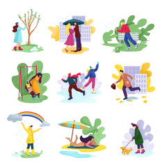 Aall four seasons and weather set of vector illustrations. People in seasonal clothes in windy autumn, snowy winter, rainy spring.