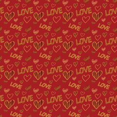 Cute hand drawn seamless romantic pattern with hearts and text love for wrapping paper, textile, print, card, wallpaper, banner. Valentine day, passion