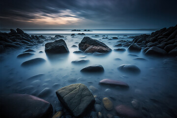 Fototapeta na wymiar Moody seascape with smooth water and rocky shores under a dynamic twilight sky, encapsulating the tranquil yet powerful force of nature 