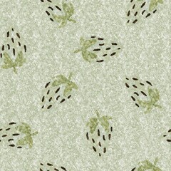 Green marl strawberry vintage seamless pattern. Cottagecore linen retro summer fruit wallpaper. Whimsical sweet healthy berry background. 