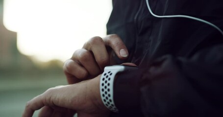 Hands, fitness and black woman with smart watch for time results to monitor heart rate or running performance. Sports, city or healthy runner checks timer for exercise or training progress