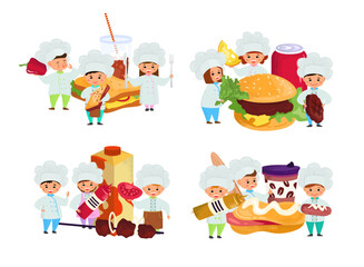 Cook fast food, child make dinner meal at kitchen vector illustration. Cartoon cooking children, restaurant chef kid and delicious lunch snack.