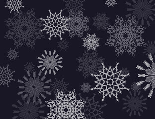 Fototapeta na wymiar Horizontal Banner. Blue snowflakes on a dark blue background. Vector flat illustration. Christmas, winter.
