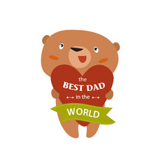 Сartoon bear holding a heart. The best dad in the world. Father's Day. Cute bear. Postcard, poster, invitation
