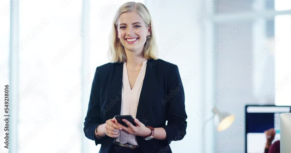 Poster phone, smile and portrait of business woman in office for management, communication and social netwo