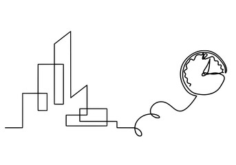 Abstract architecture with clock as continuous lines drawing on white background. Vector