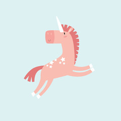 Cute vector unicorn. Fairy animal. Cartoon character. Pink unicorn.