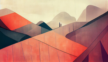 Abstraction. Futuristic landscape. Geometric mountains, white sky.