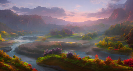 Digital Illustration Landscape Mountains River