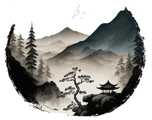 Watercolor mountain background. Luxurious mountainous terrain in oriental style. Mountains in fog hand drawn with ink in minimalist style. Majestic mountains. vector illustration © Zaleman