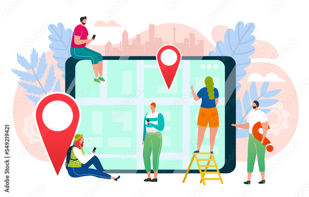 Poster technology app at smartphone screen, vector illustration. map application at device, internet gps lo