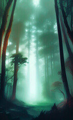 misty morning in the forest, fantasy landscape, concept illustration