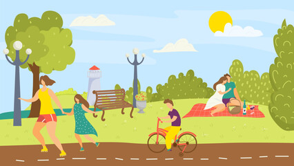 Obraz na płótnie Canvas Leisure at nature park, summer landscape with tree vector illustration. Man woman people character outdoor lifestyle in city.