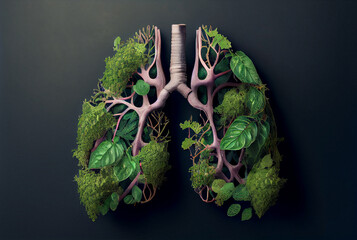 Illustration of human lungs formed from the plexus of various green plants. Plants as the lungs of our planet concept.	