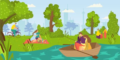 Obraz na płótnie Canvas People at park, summer leisure near river concept, vector illustration. Happy outdoor activity lifestyle, young man woman character