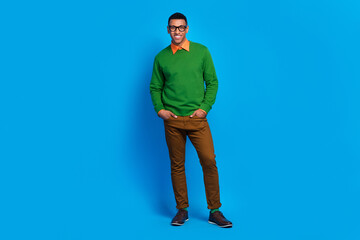 Full body length photo of satisfied professional programmer man put hands pockets rich business...