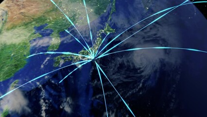 Zoom out of Japan through clouds to see the Earth from space. Also showing global growth network.