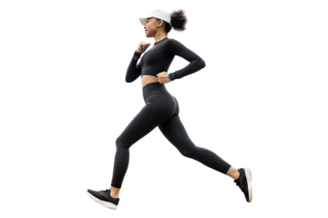 Female runner transparent background. He runs fast in sports clothes.