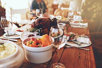 Table, turkey and meat food for thanksgiving, Christmas and family lunch, dinner party and home...