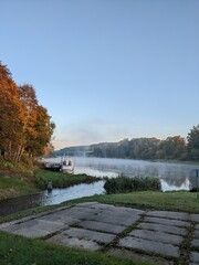 wonderful foggy autumn morning under the riverside