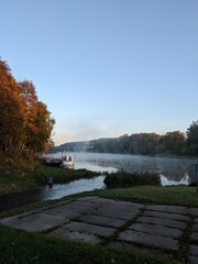 wonderful foggy autumn morning under the riverside