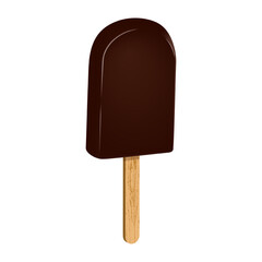 Ice cream in chocolate glaze on a wooden stick. Popsicle ice cream. Frozen product sweet food. Realistic 3D food poster. Vector illustration.