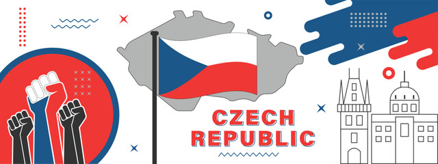 Czechia or czech republic national day banner for Independence day with abstract modern design. Flag and map with typography and red blue color theme. landmarks, raised fists and geometric background. - obrazy, fototapety, plakaty