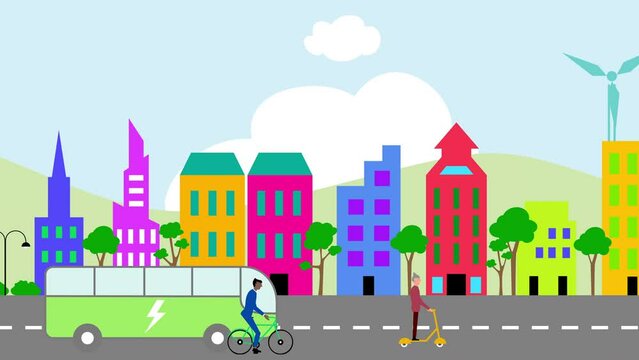 Green city life concept. 4K flat cartoon animation of people cycling, on electric kick scooter and shuttle bus in front of a colourful city skyline with wind turbines on hills.
