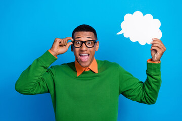 Photo of young excited genius academic professional scientist hold paper white bubble cloud idea...
