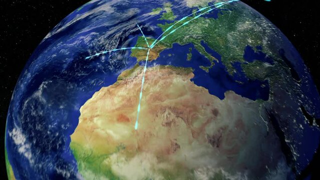 Zoom out of Spain through clouds to see the Earth from space. Also showing global growth network.
