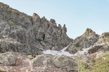 Mountains with snow. Some beautiful views during the long distance hike GR20 in Corsica.